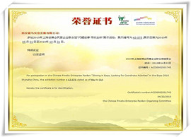 上海世博会民营企业组委会授予荣誉证书